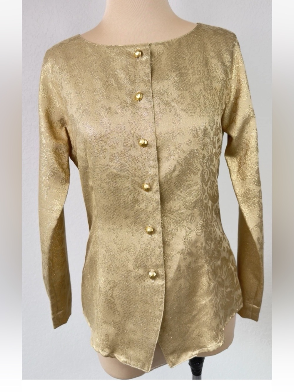 Vintage Anne Klein Wool Silk Blend Gold Metallic Floral Blouse Top 4 S